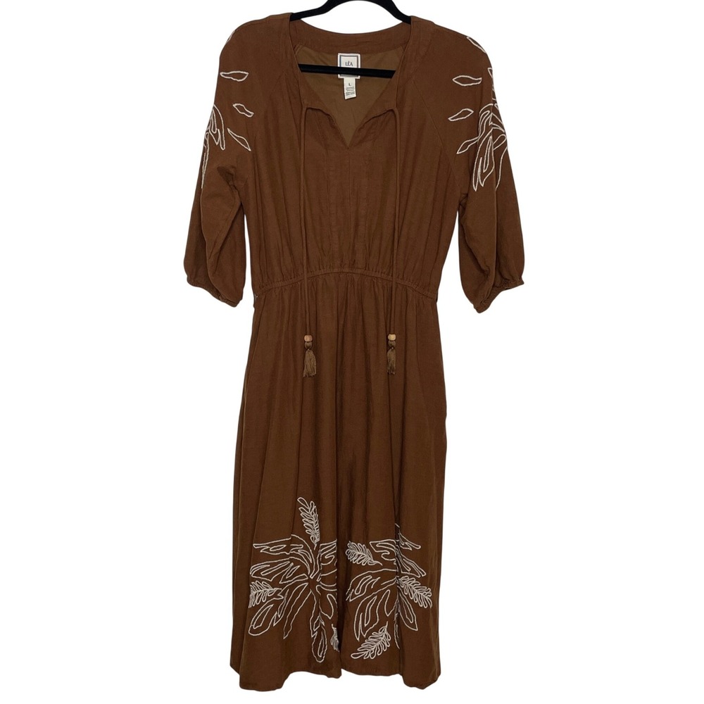LEA Linen Blend Embroidered Midi Dress Womens L Brown Boho Earthy Cottagecore